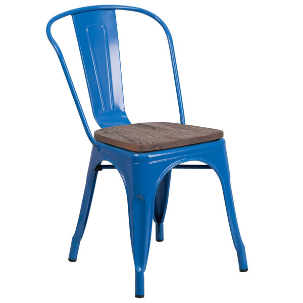 Flash Furniture CH-31230-BL-WD-GG Blue Stackable Metal Chair with Vertical Slat Back and Wood Seat