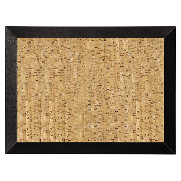 A cork board with a black frame.
