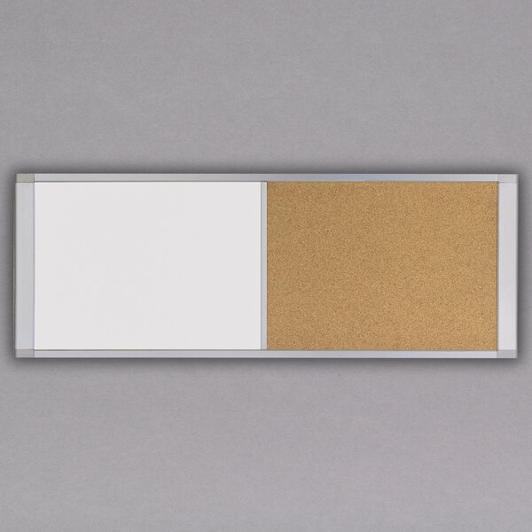 A white board with a white frame and a cork board.