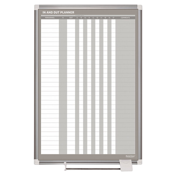 A MasterVision enameled steel in / out board with a white and gray chart.