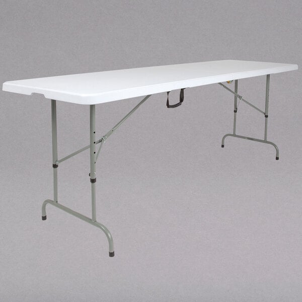 A white rectangular Flash Furniture folding table with a metal frame.