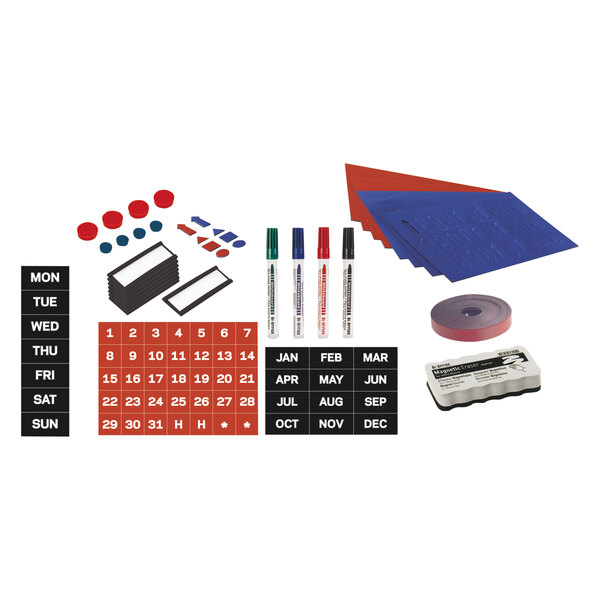 A MasterVision magnetic board accessory kit with a calendar, pens, and paper.