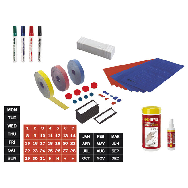 A red and white MasterVision Professional Magnetic Board Accessory Kit with a roll of tape and a group of different colored items.