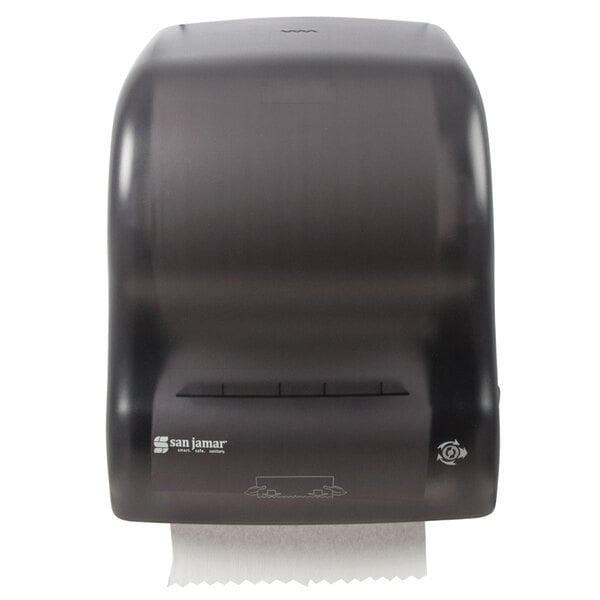 A black San Jamar Simplicity Essence paper towel dispenser with a black roll of paper towels inside.