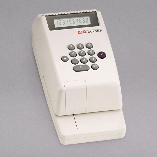 A white MAX EC30A electronic checkwriter with a number pad.