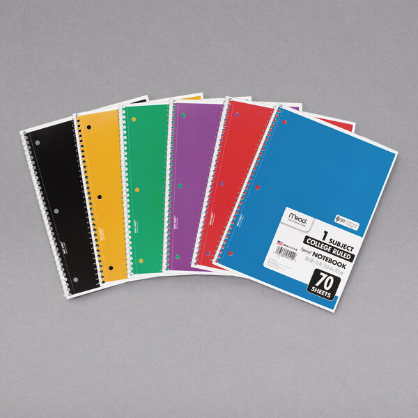 A pack of 6 Mead college ruled spiral notebooks with different colored covers.