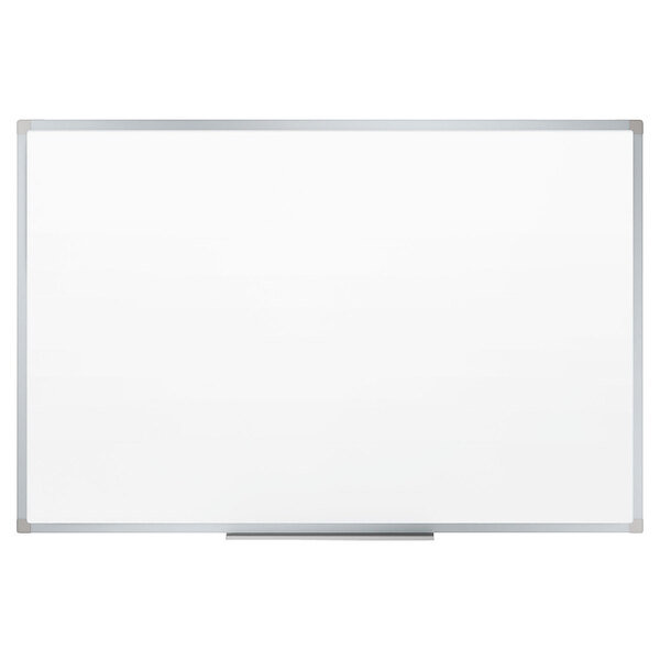 A white board with a silver frame.