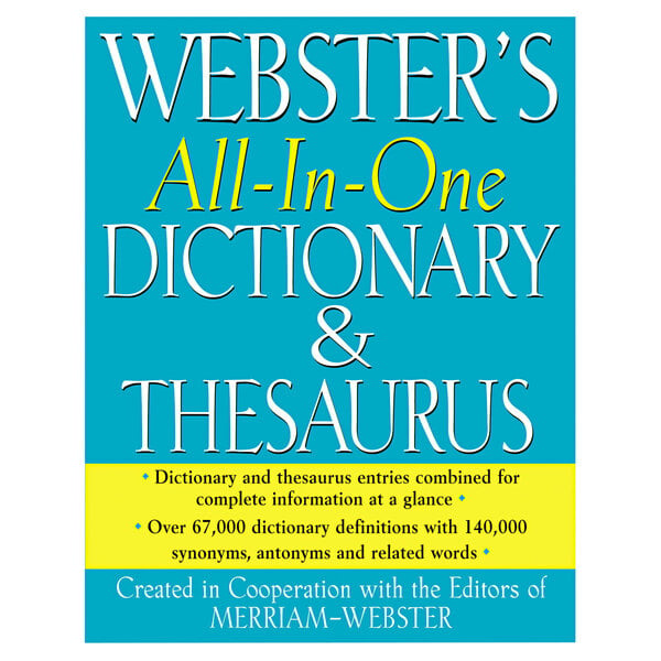 A blue and yellow Merriam-Webster hardcover with white text reading "All-In-One English Dictionary / Thesaurus"