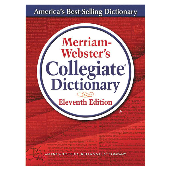 A red, white, and blue Merriam-Webster Collegiate Dictionary with a white circle and blue text.