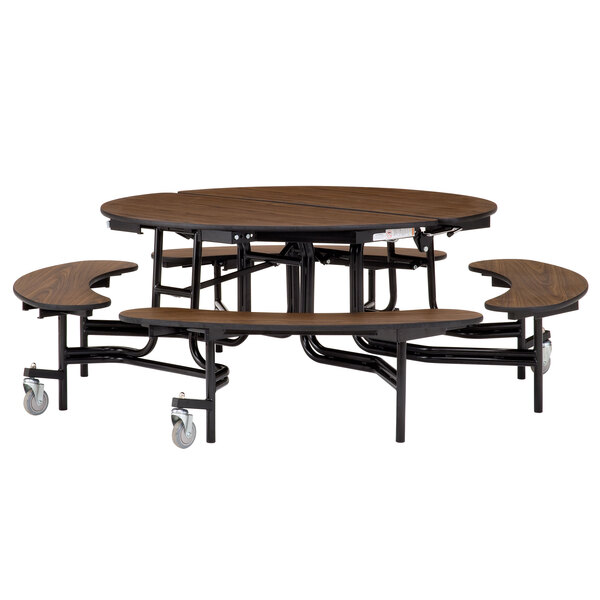 A National Public Seating round plywood cafeteria table with a powder coated frame and benches attached.