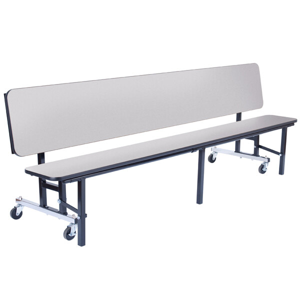 A National Public Seating mobile convertible bench unit with wheels.