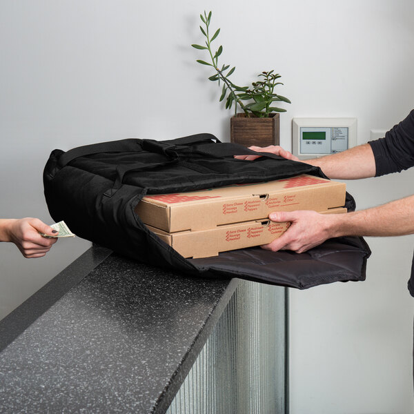 A person holding a pizza box in a black bag.