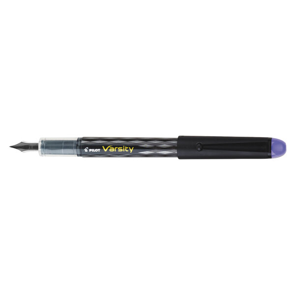 The gray and purple Pilot Varsity fountain pen with a purple tip.