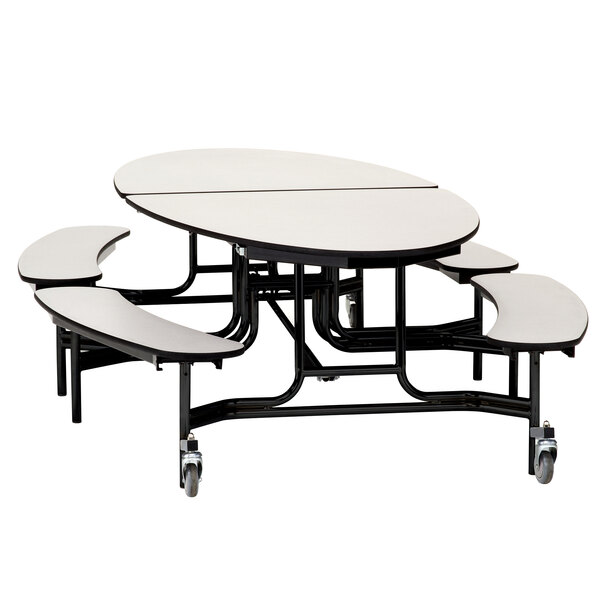 A white elliptical cafeteria table with chrome trim and wheels, with 4 benches.
