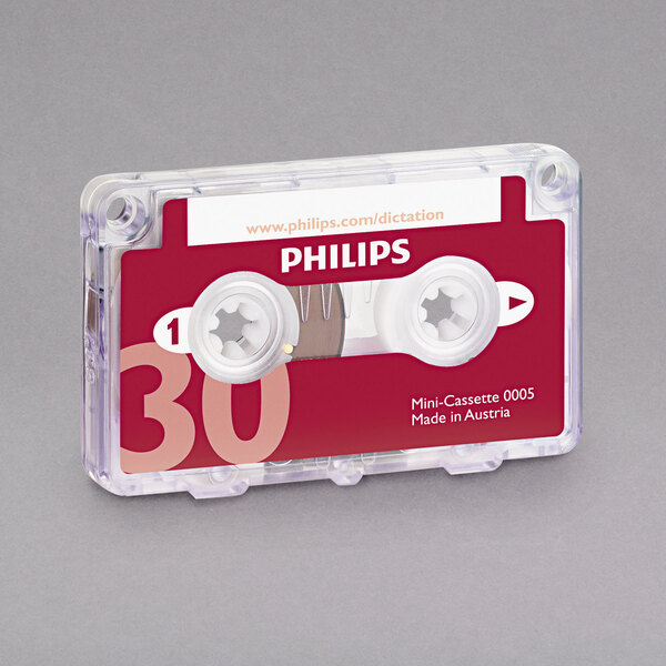 A Philips mini cassette tape in a case with the number 30 on it.