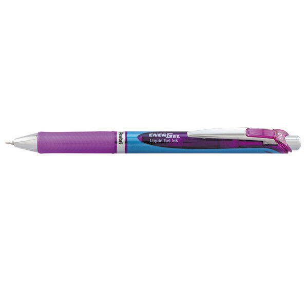 A purple and white Pentel EnerGel RTX pen with a purple tip.
