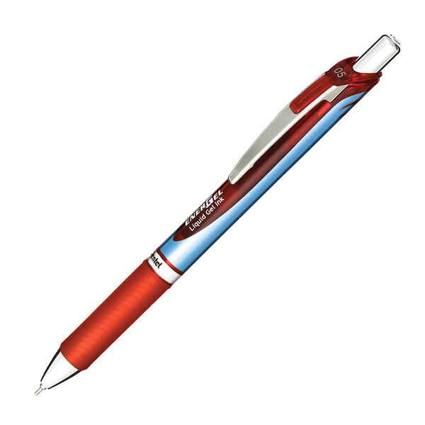 Two Pentel EnerGel RTX pens, one red and one blue, with silver barrels.