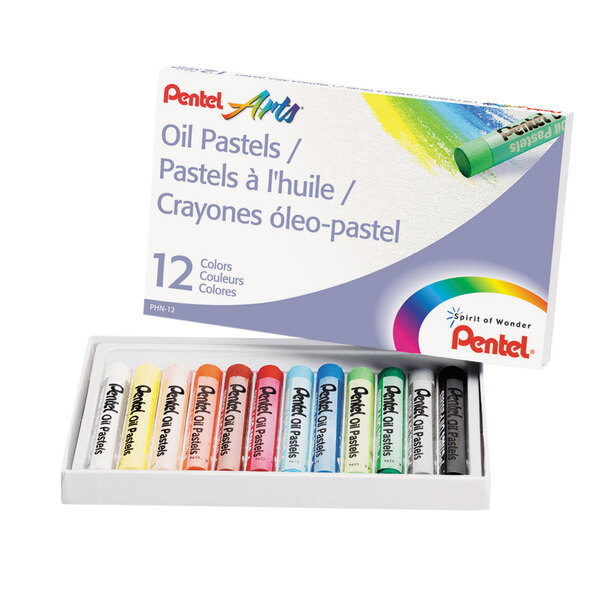 A box of 12 Pentel oil pastels in assorted colors.