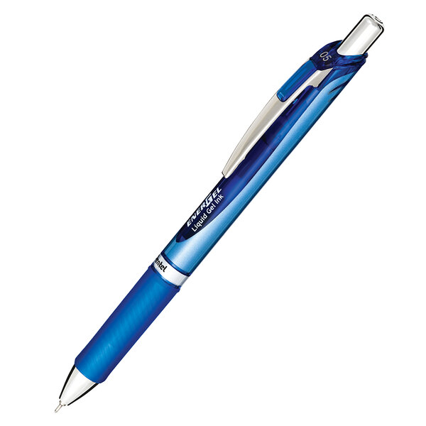 A Pentel EnerGel RTX blue pen with silver accents.