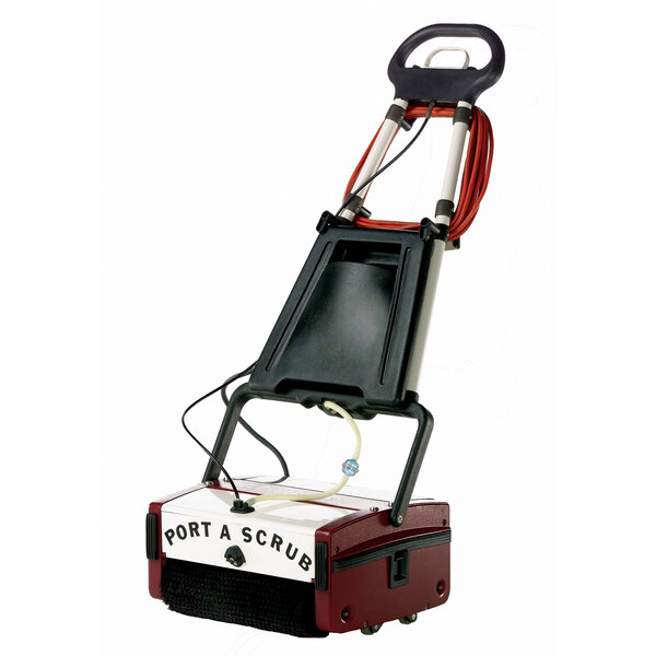 A red and black Minuteman Port-A-Scrub floor scrubber with a handle.