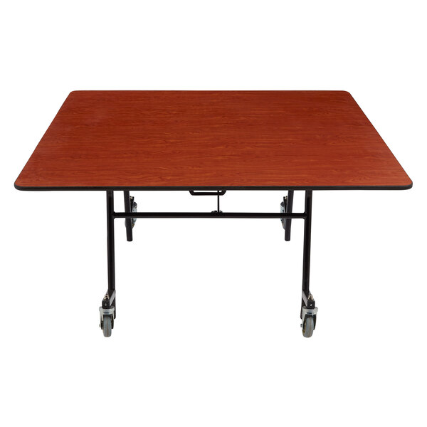 A National Public Seating rectangular plywood cafeteria table with T-mold edge and chrome frame.
