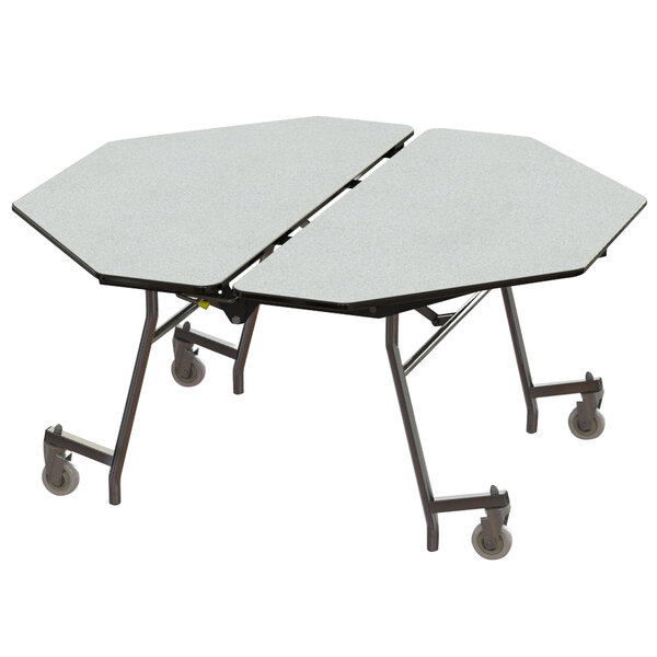 A National Public Seating cafeteria table with wheels and a white octagonal surface.