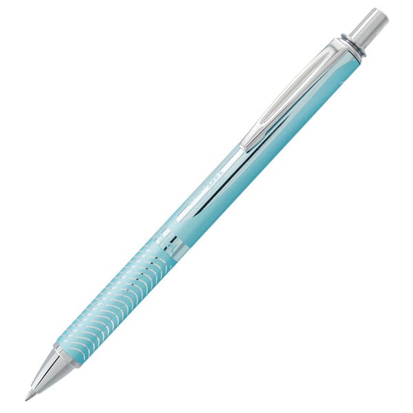 A close-up of a Pentel EnerGel Alloy pen with a blue barrel and silver accents.