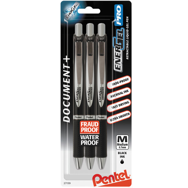 A package of 3 Pentel EnerGel Pro black pigment gel pens with black barrels.