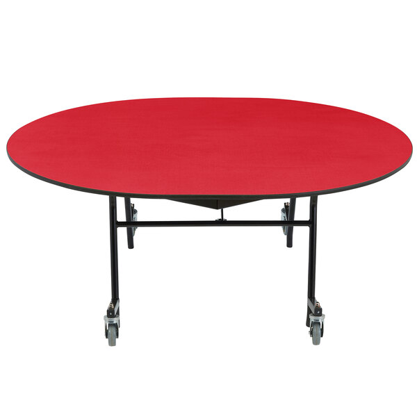 A red oval National Public Seating cafeteria table with a white T-molded border and black metal legs.