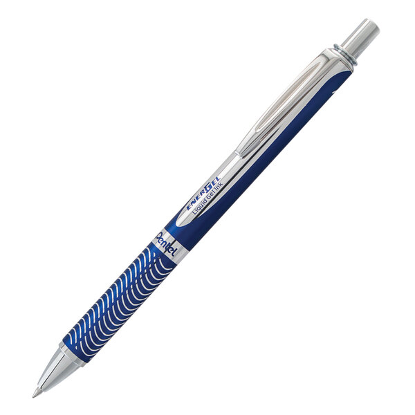 A close-up of a Pentel EnerGel Alloy blue pen with silver accents.