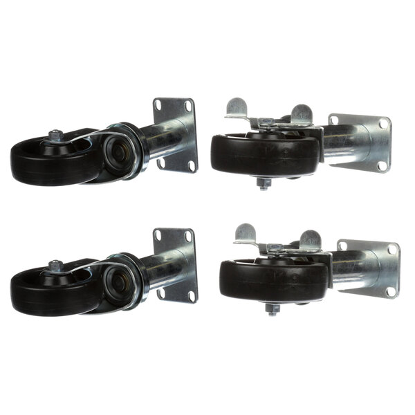 A set of four Frymaster casters with black wheels.