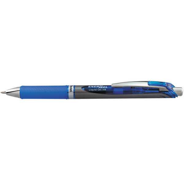 A blue and silver Pentel EnerGel RTX pen.