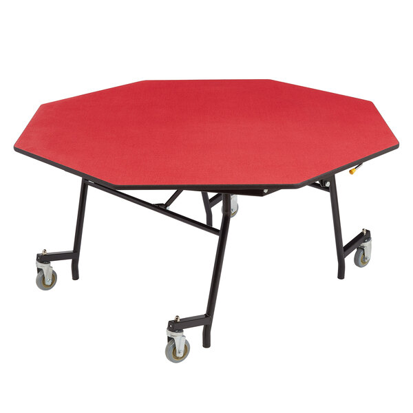 A red octagonal table with T-mold edges and chrome legs.