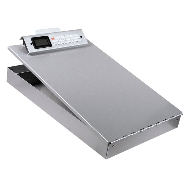 A silver rectangular Saunders storage clipboard with a built-in calculator display.