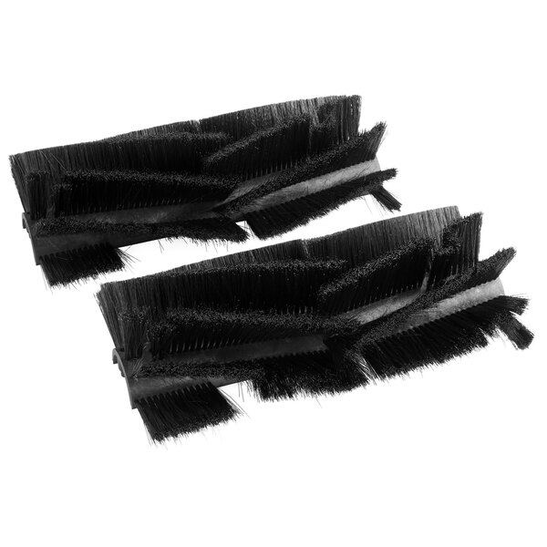 A close-up of a pair of black Minuteman sweeper rollers with bristles.