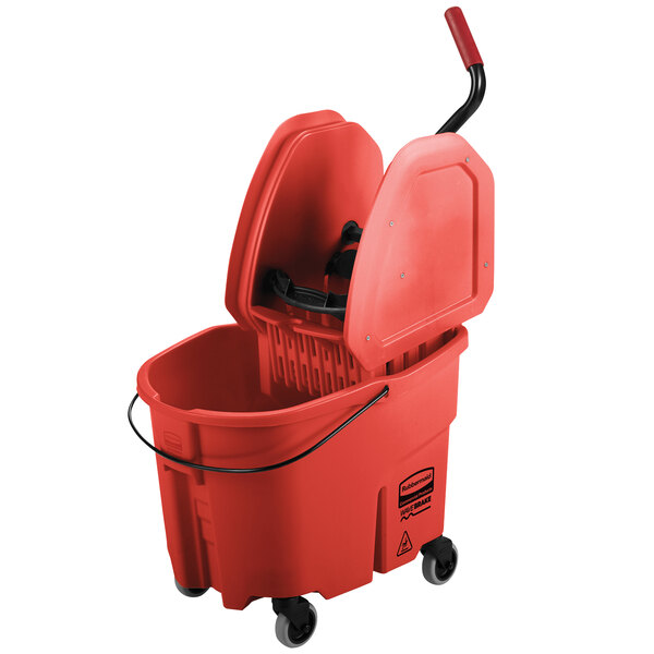 A red Rubbermaid mop bucket with a black handle.
