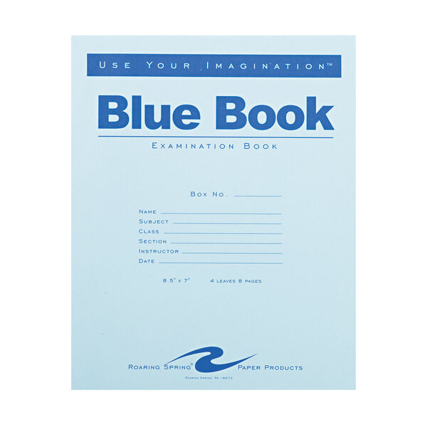 A blue Roaring Spring exam book with white wide ruled paper.