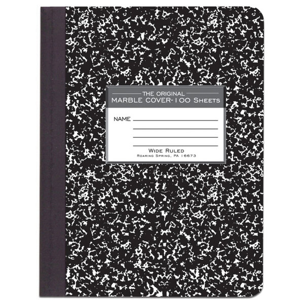 A close-up of a Roaring Spring black and white marble cover composition book.