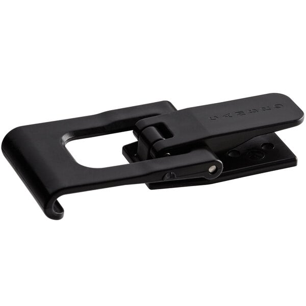 A black plastic clip with a metal latch and a black plastic handle.