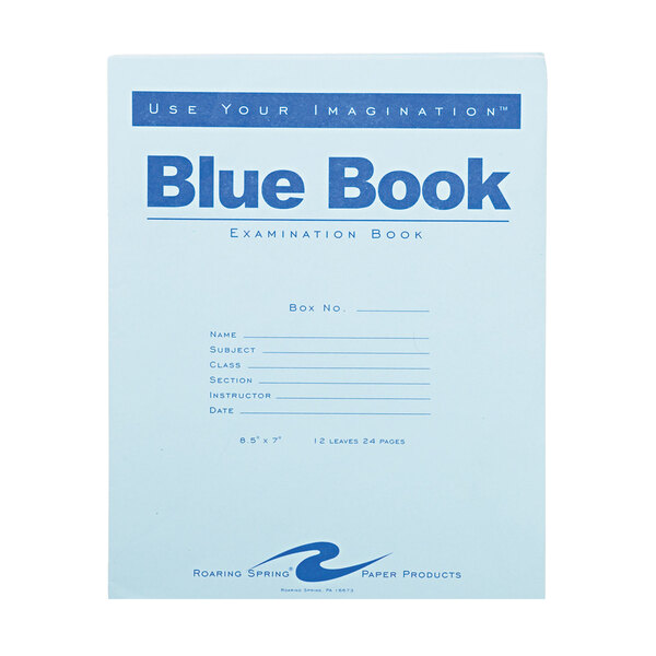 A blue Roaring Spring wide ruled exam book with white paper and text on it.