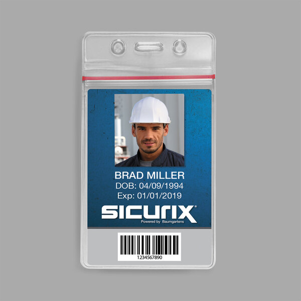 A clear plastic vertical sealable cardholder with a man's picture wearing a white hard hat.