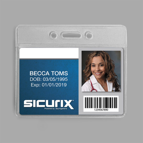 A BaumGartens clear horizontal badge holder with a photo of a woman smiling.