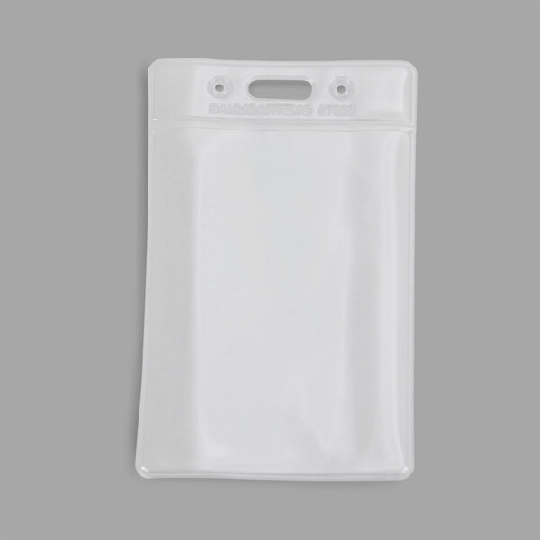 A white plastic bag containing 12 clear plastic vertical badge holders.