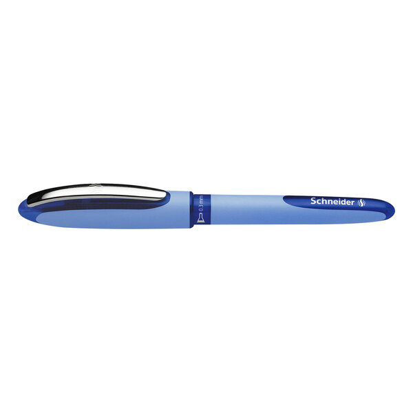 The blue Schneider One hybrid rollerball pen with silver cap and trim.