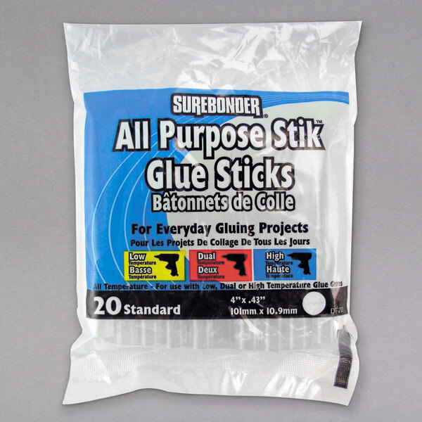 A package of 20 Surebonder All Purpose hot melt clear glue sticks.
