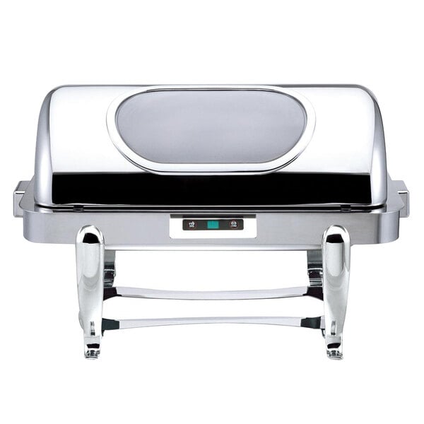 A silver rectangular Bon Chef Roman Elite electric chafer with a glass top.