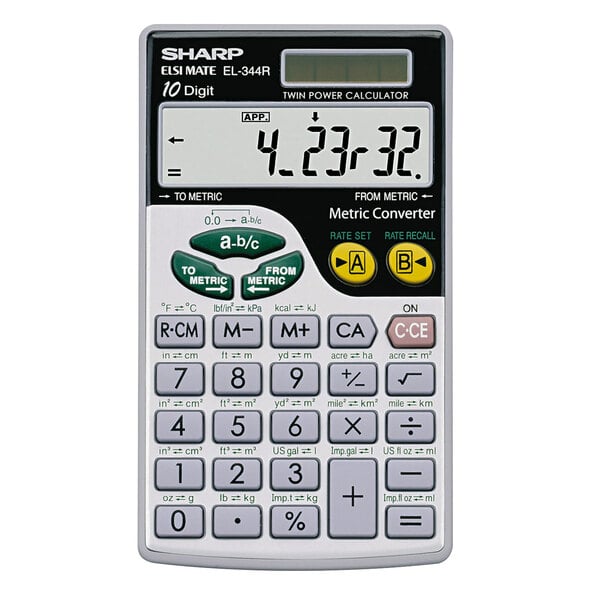 A Sharp handheld calculator with a 10-digit display and black buttons.