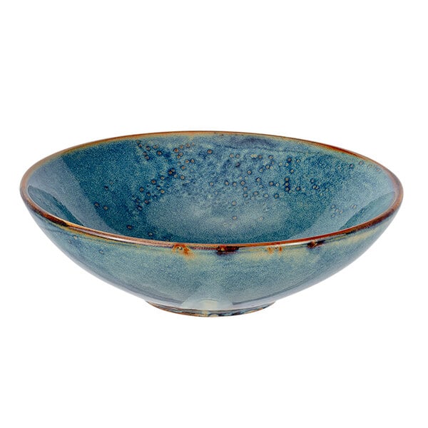 A white porcelain bowl with blue and brown specks.