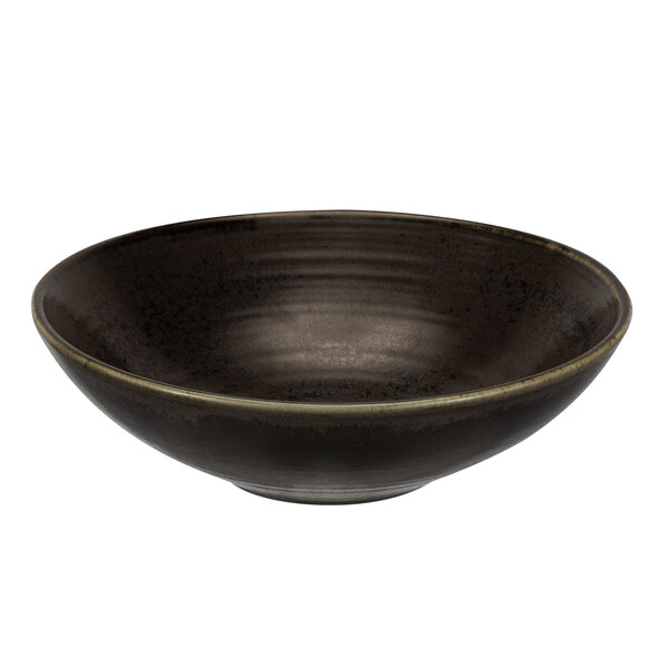 A black bowl with a dark brown rim on a white background.