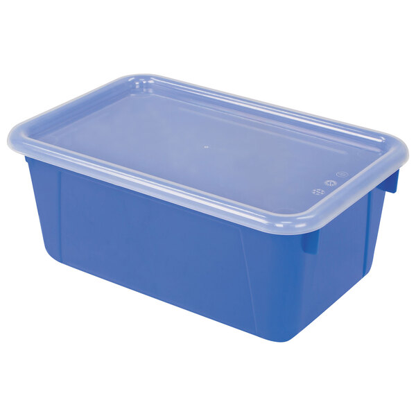 A blue plastic Storex cubby bin with a lid.